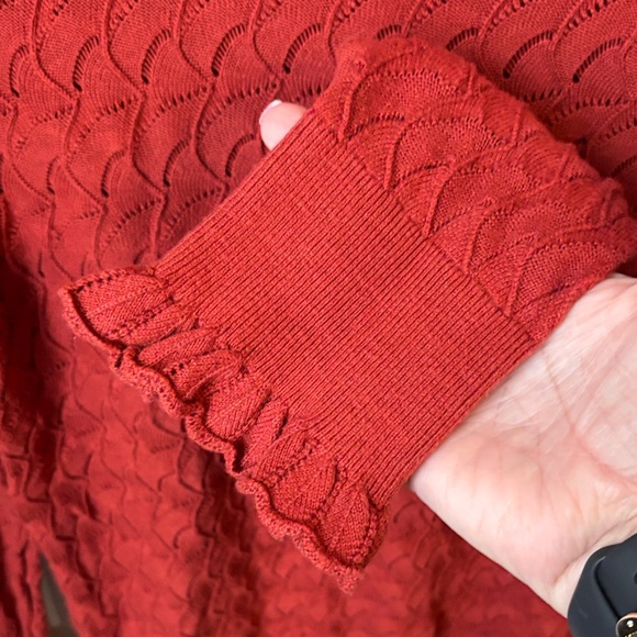 Sundance Frances Ruffle Turtleneck Sweater Scallop Pointelle Knit Rust Orange LG - Picture 7 of 11